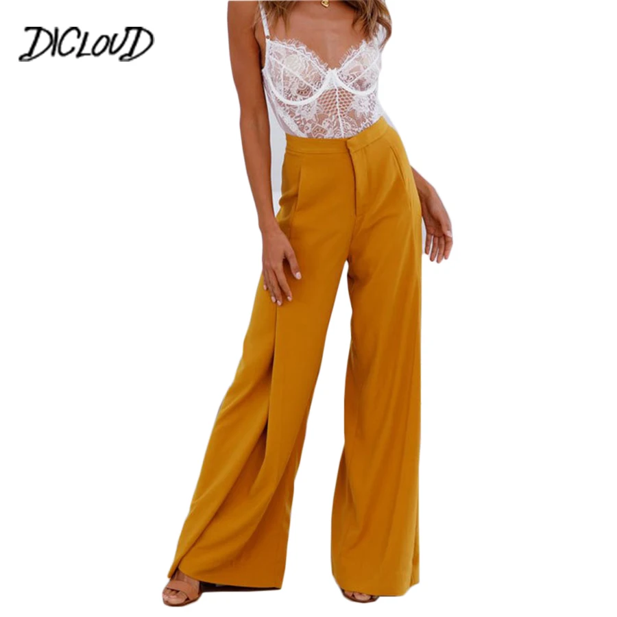 

DICLOUD Fashion Pleated Elegant Wide Leg Pants 2018 Solid Color High Waist Casual Trousers Slim White Yellow Office Ladies Pants