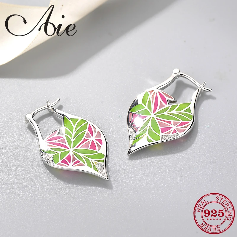 

2018 new 925 Sterling Silver fashion DIY gift like Veined leaves pink green Enamel fine Dangle Earrings Party Jewelry