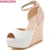 MORAZORA 2019 新着ウェッジプラットフォームシューズの女性 pu ピープトウシューズ夏の靴バックルエレガントなパーティー結婚式の女性のサンダルピンク