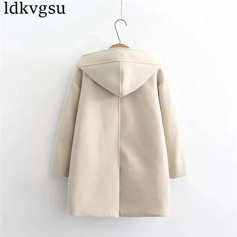 Laine Boucle Nouveau Corne À Capuchon Art Filles De V132 Survêtement Manteau Couleur 2018 Solide navy Femelle Femmes Hiver Apricot Automne green B0Fx4