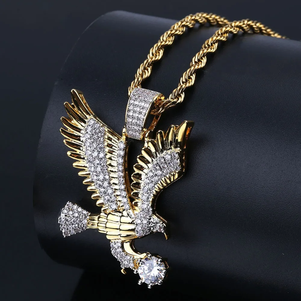 

Men Women Gold Color Plated Animal Eagle Wing Charm Pendant Hip Hop Necklace Micro Pave Cubic Zirconia Hiphop Jewelry