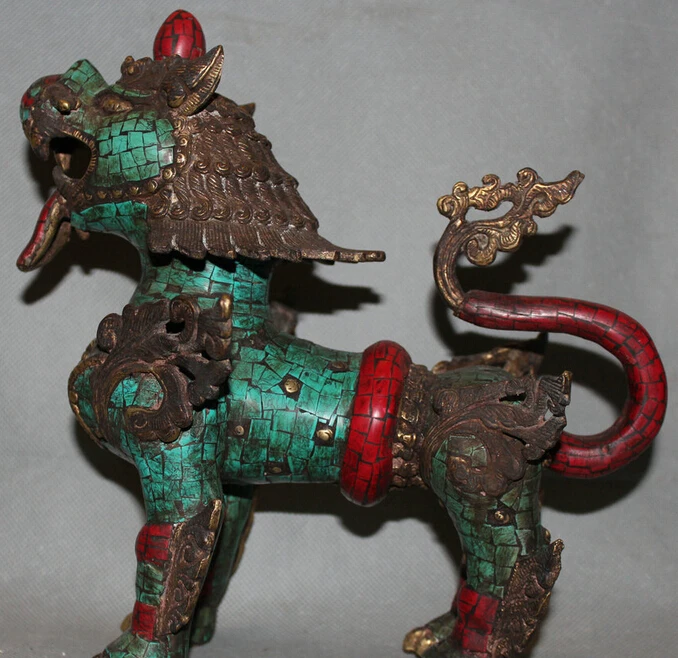 

JP S62 10"Old Tibet Tibetan Buddhism Bronze turquoise Fengshui Kylin Beast Qilin Statue Discount 35%