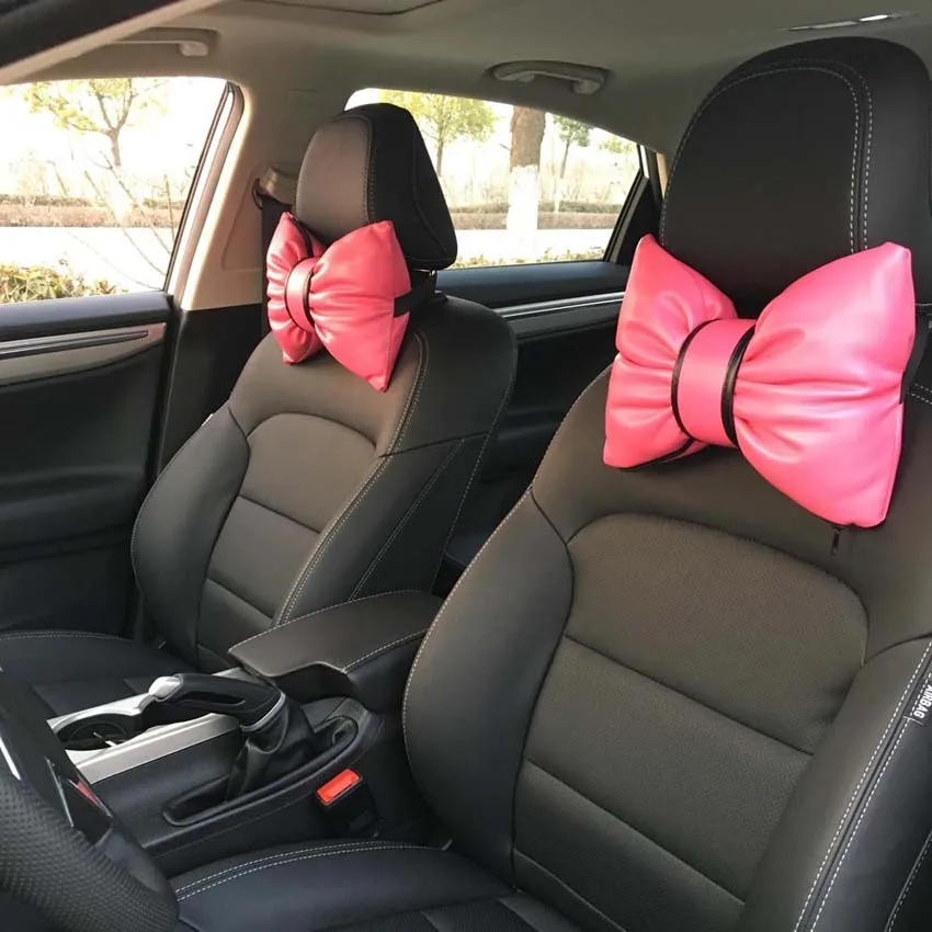 

Charming Bowknot Hot Pink Leather Headrest Pillow Neck Rest Cushions for Car (2pcs)