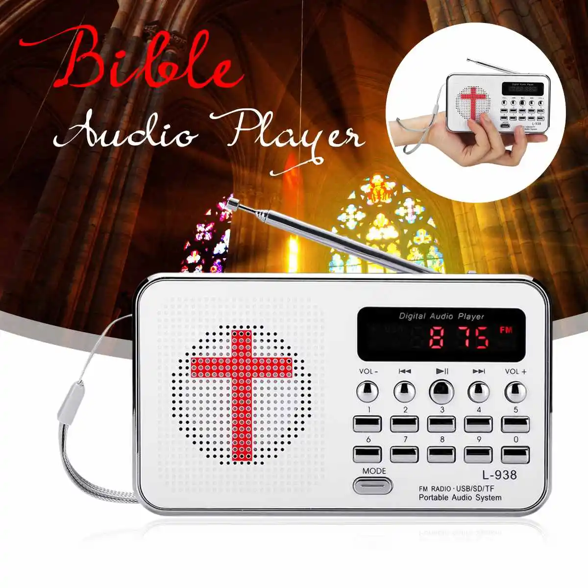 

Digital Audio Player Portable Bible MP3 Music Player Mini FM Radio TF AUX USB LED Display with Keypad Earphone Function