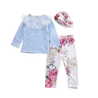 

2017 new Kids Infant Baby Girls Lace long sleeve Tops T-shirt+Floral Pants Leggings 3pcs Outfits Set
