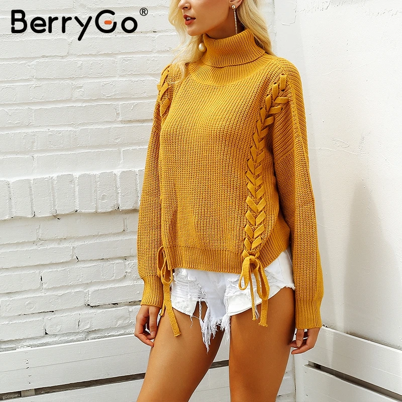 BerryGo Side cross lace up women sweater 2018 Elegant white sweaters pullover female Casual loose autumn winter jumpers sweaters BerryGo Side cross lace up women sweater 2018 Elegant white sweaters pullover female Casual loose autumn winter jumpers sweaters