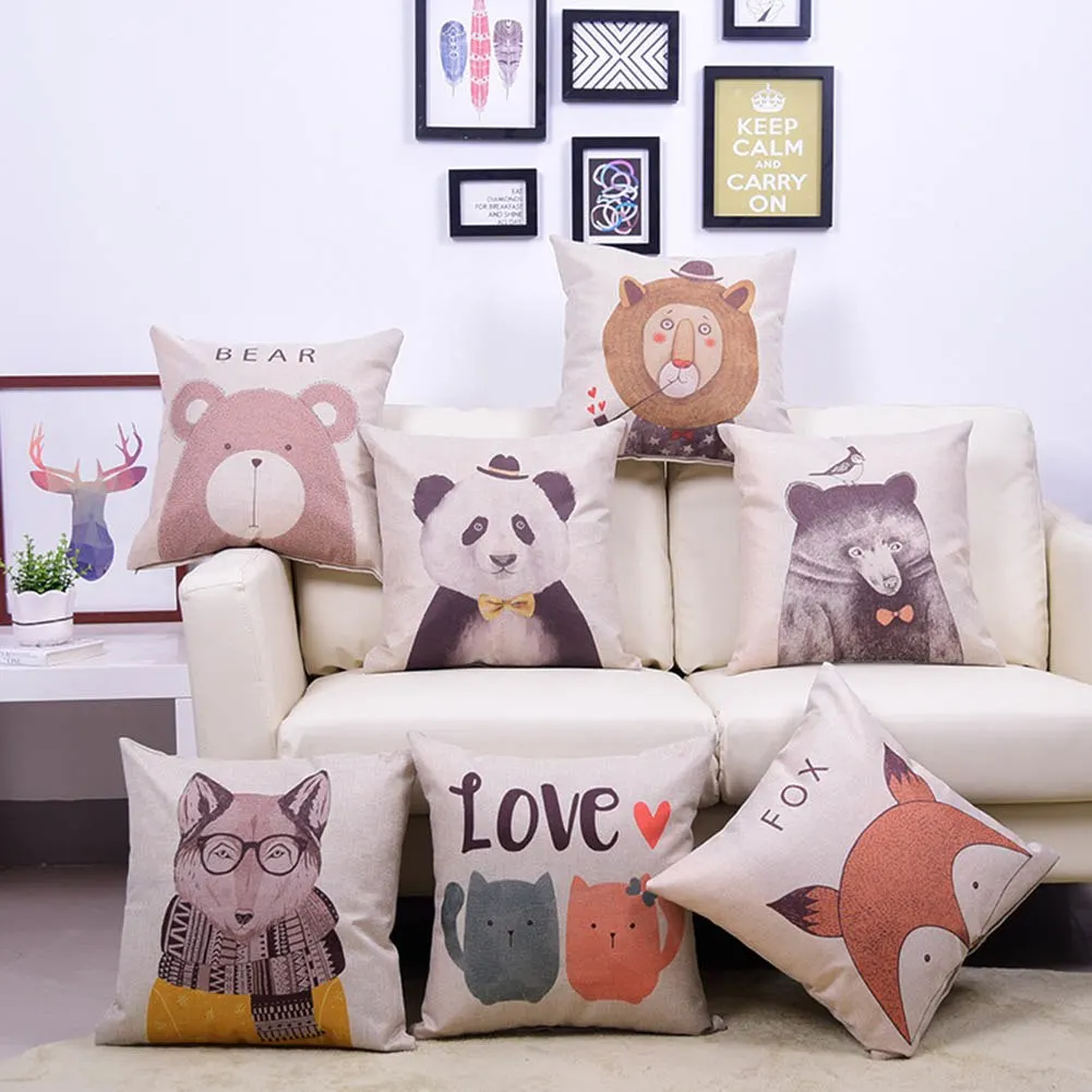 New 1Pcs Funny Animal linen Pillow Case Cover 45x45cm 7 Styles Panda Lion Fox Home Pillow Cases
