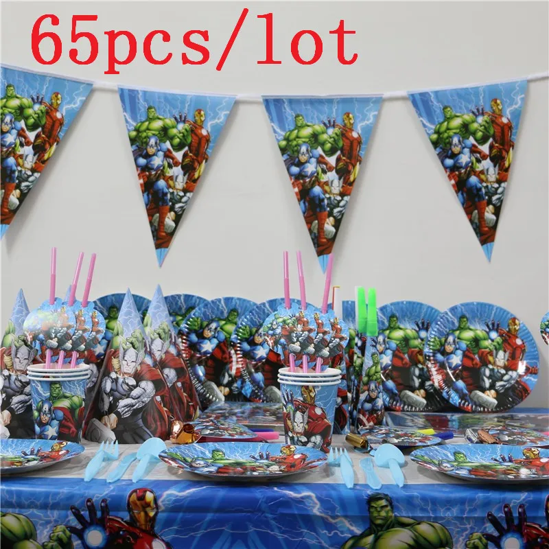 

65Pcs/Lot Avengers Theme Design Tableware Kid Birthday Party Toy Cup Plate Napkin Wedding Anniversary Cartoon Dish Banner Supply