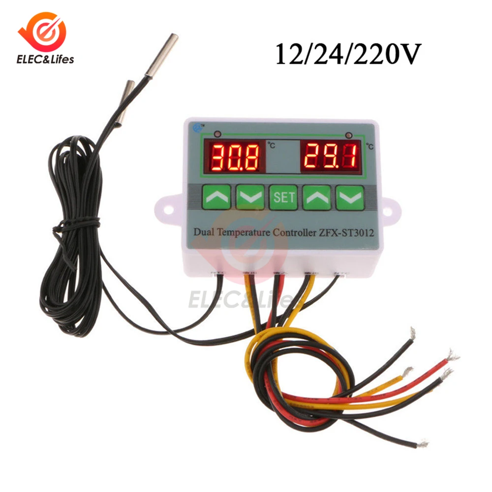 

AC110V 220V 12V 24V DC Digital Thermostat Double Control Electronic Temperature Controller Switch Sensor Dual Waterproof Probe