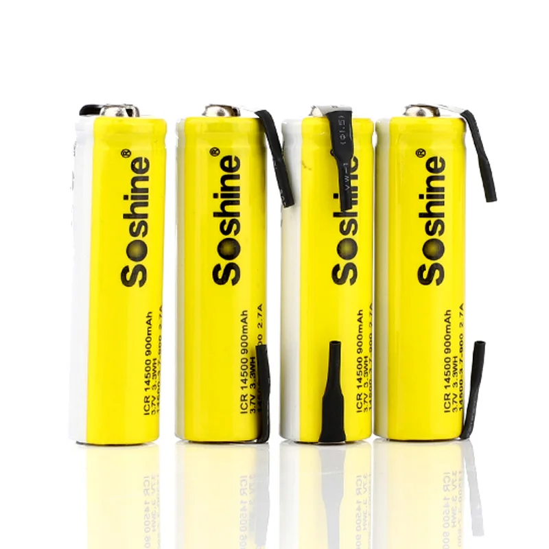 4 шт SOSHINE Li-Ion 14500 AA 900MAH 3,7 V Высокая дренажная перезаряжаемая батарея с вкладкой точечная сварка+ батарейный отсек для хранения