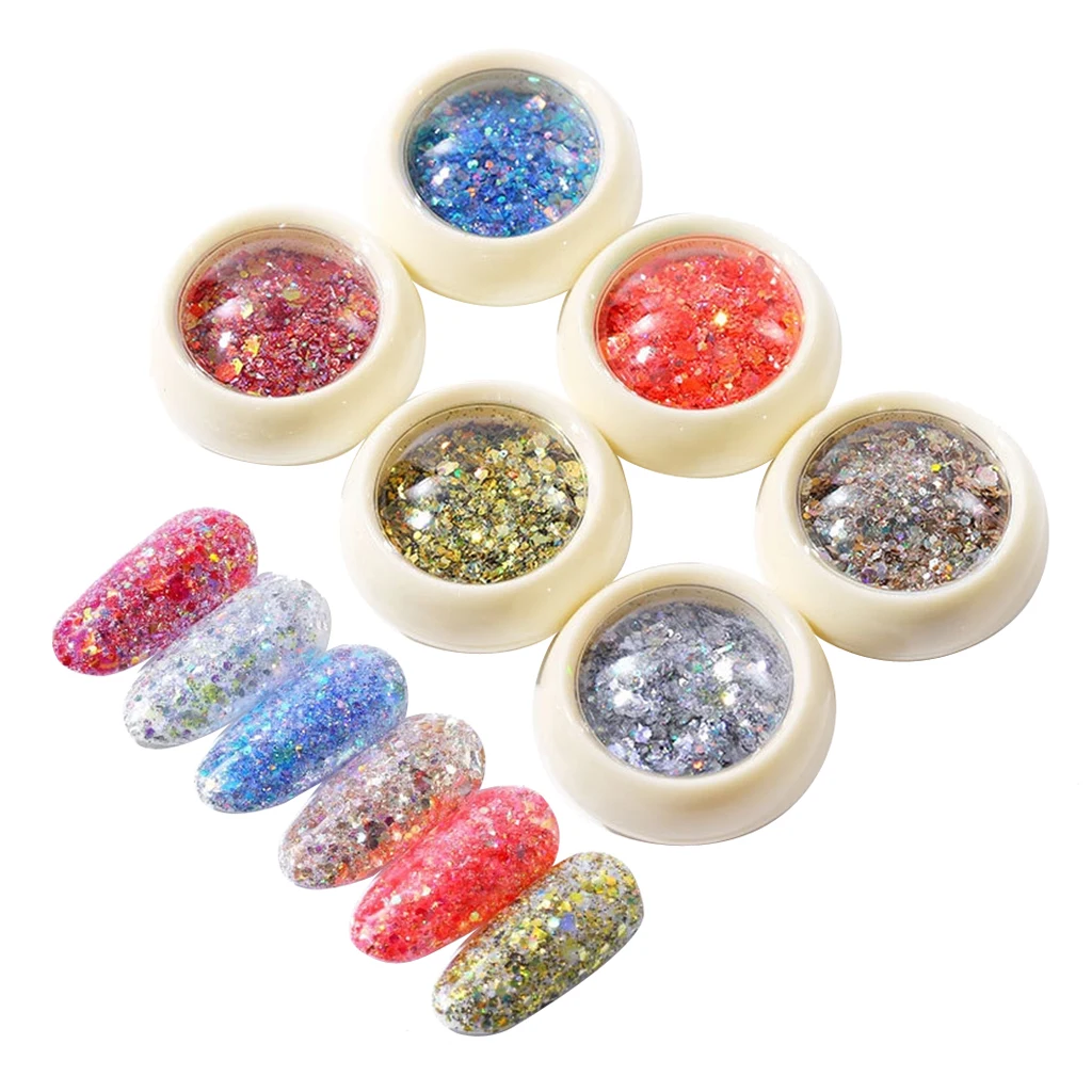 6 Jars Shiny Nail Flake Glitter Powder Nail Tips Decor Foil Sequins