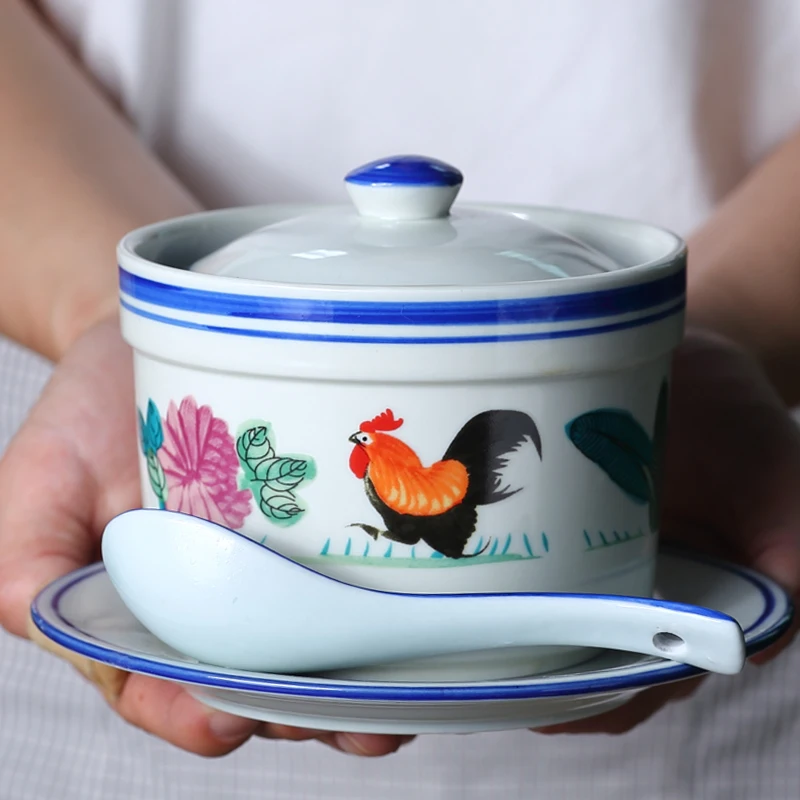 Большой красный петух шаблон Microwavable мини керамическая миска для риса чашка для заварки керамическая Пудинг Суфле чашка Птичье гнездо с крышкой