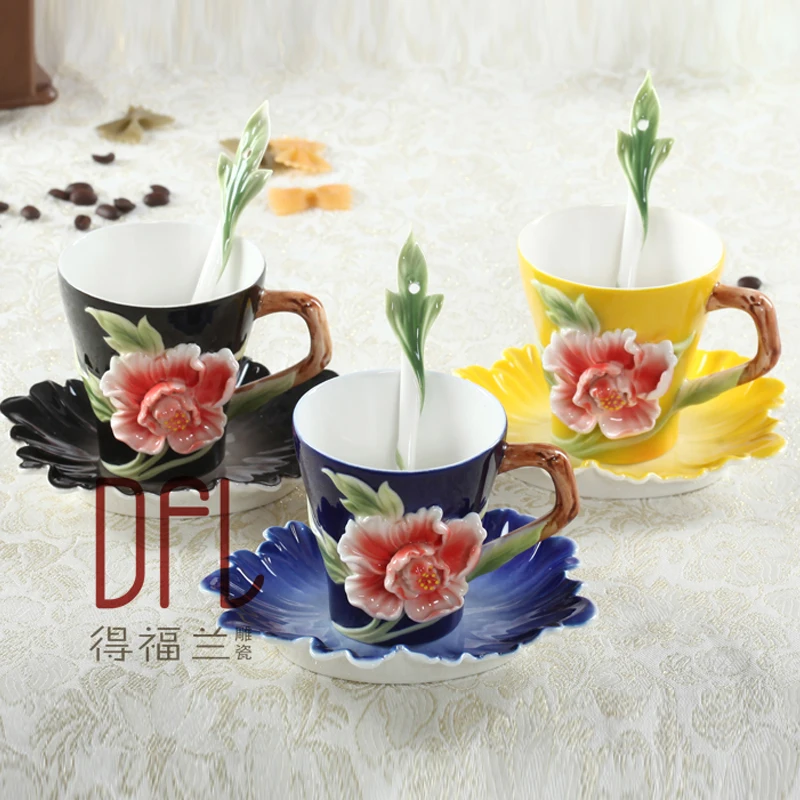 

2018 Newest Creative Peony Ceramic Coffee Cups With Saucer Tea Milk Cup Set with spoon Drinkware-Z0041