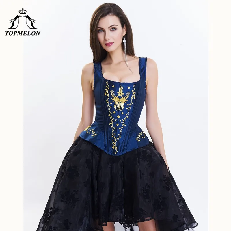 TOPMELON Corset Steampunk Modeling Strap Bustier Gothic Corselet Corset Women Embroidery Floral Silky Party Wedding Corset Tops