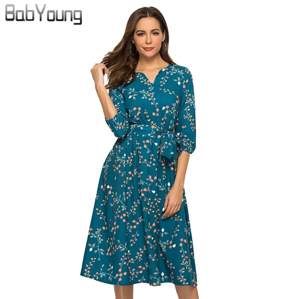 

BabYoung Spring Summer A Line Mid-Calf Casual Dress Women V Neck 3/4 Sleeve Print Dress Female Elegant Waist Green Party Dresses