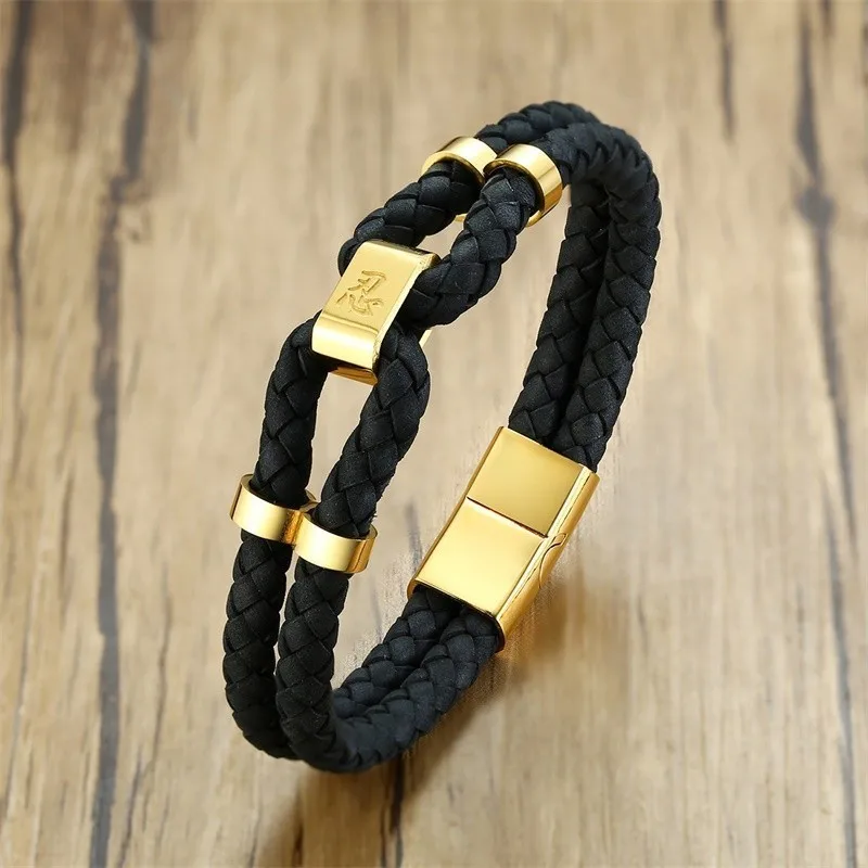 

ZORCVENS Luxury Brand Gold Color Genuine Leather Stainless Steel Letter ID Tag Bracelet for Men