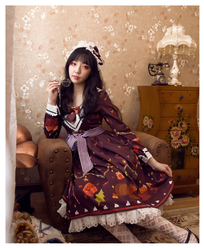 Lolita OriginalDesign Lange mouwen OP Jurk College Wind Lolita Rok Lolita OriginalDesign Lange mouwen OP Jurk College Wind Lolita Rok