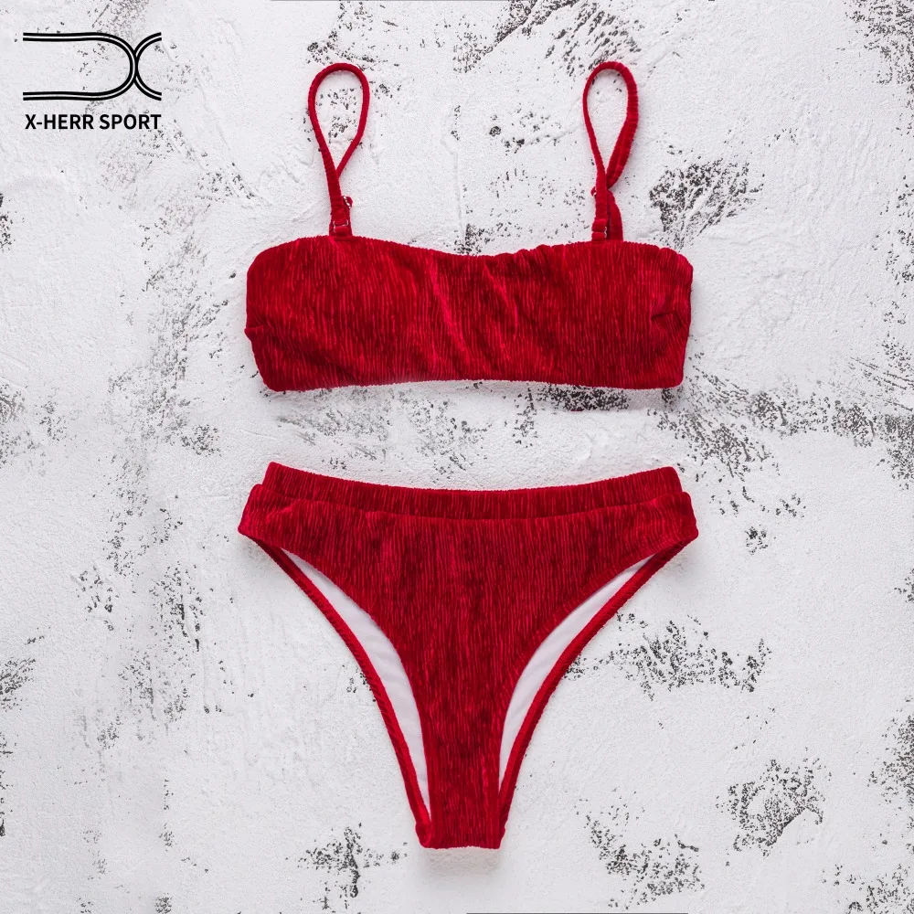 

2018 Swimsuit Women Velvet Push Up Vintage Low Waist Bikinis Set Micro Summer Beachwear Bandeau Bikini Women Bathing Suit