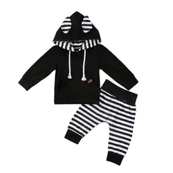 Осенне-зимняя одежда для новорожденных мальчиков и девочек Милая полосатая футболка с капюшоном топы + штаны детская одежда спортивный