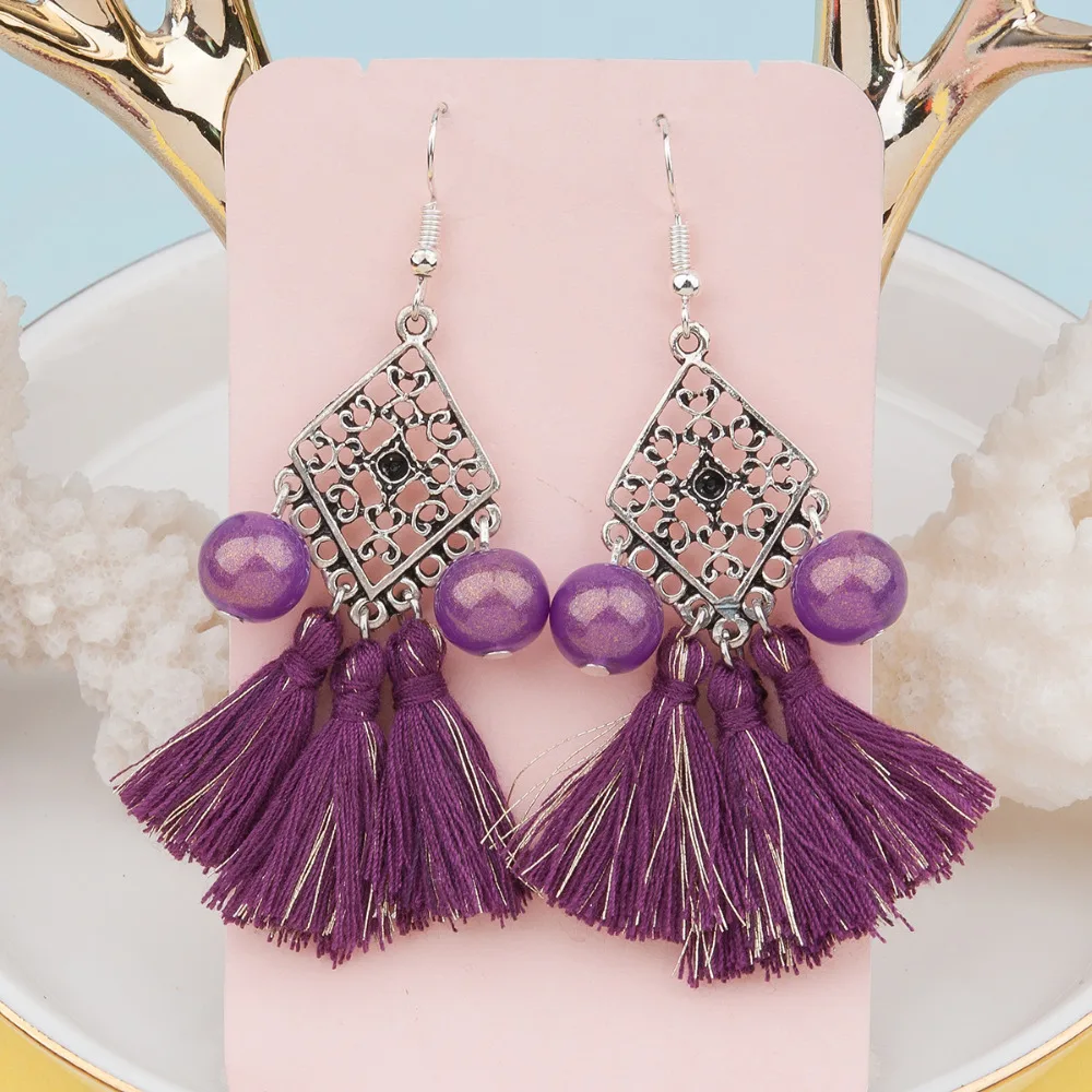 8SEASONS New Fashion Women Boho Chic Drop Earrings Purple Tassel Stones ...