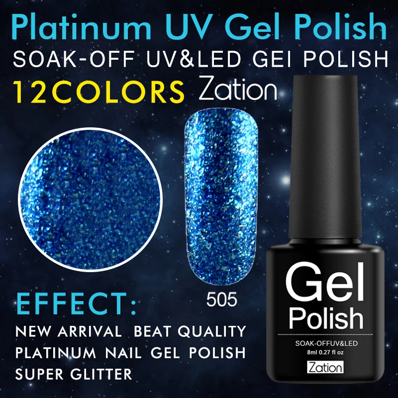 

Zation Nail Art Lacquer Sequins Starry Sparkle Glitter Platinum Soak Off UV Gel Polish Long Lasting Holographic Nail Gel Varnish