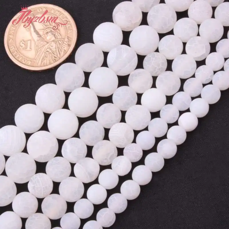 6,8, 10,12 мм круглые шарики морозные трещины Агаты рыхлый натуральный камень бусины для DIY ожерелье браслет ювелирные изделия делая нить 15" - Цвет: White