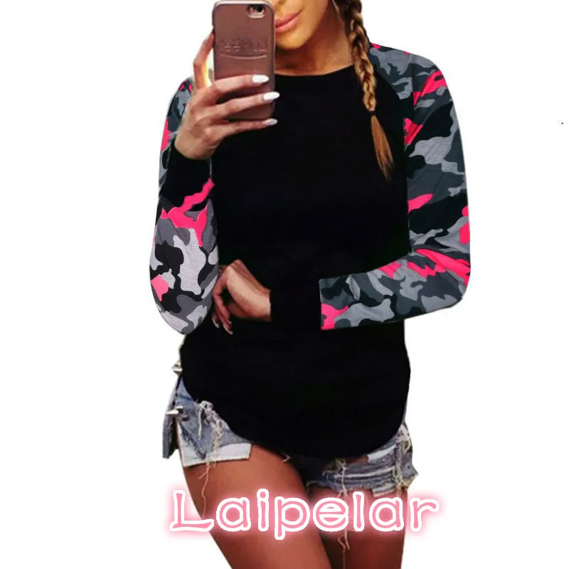 

Autumn 2018 Trendy Women Patchwork Long Sleeve Army Camouflage T Shirt Tops Round Neck T Shirts Tops Tees Plus Size 5XL Laipelar