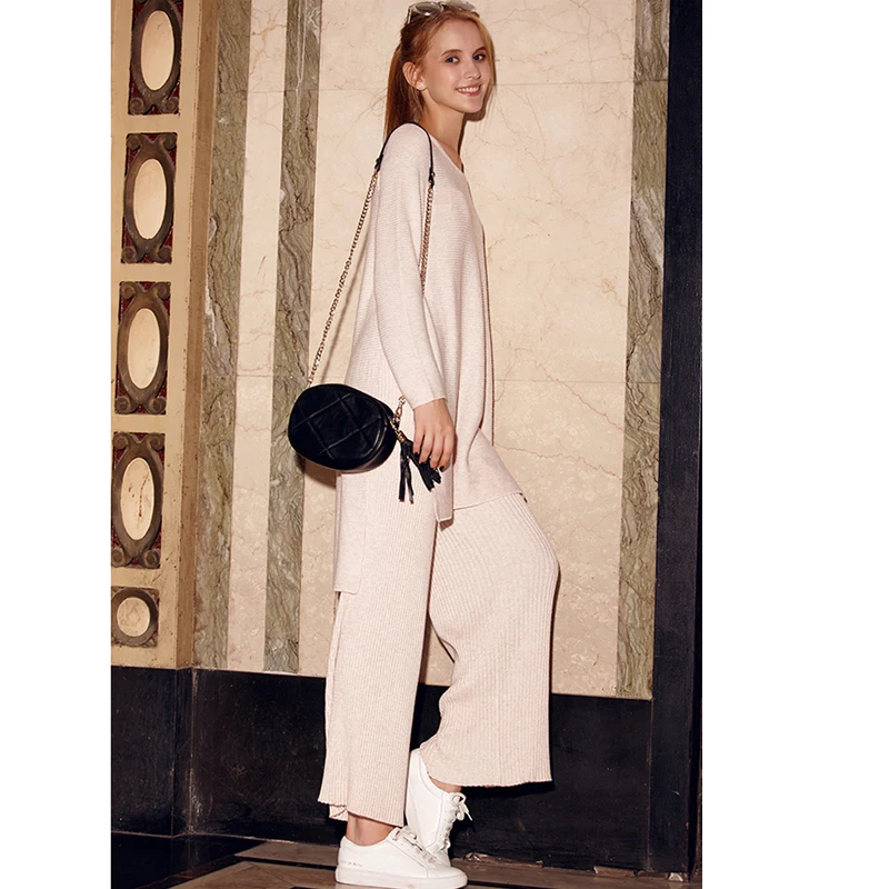

Tracksuits Special Offer 2018 Women Wool Knitted Suit Fashion Sweater + Split Wide Leg Trousers Loose Two Piece Cashmere Suits