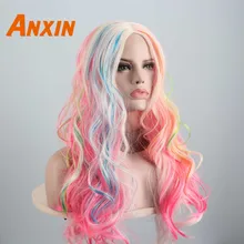 Anxin длинные волнистые высокотемпературные волокна цвет яркий Единорог цвет розового леденца для девочек женские вечерние Косплей Аниме Синтетический Парик
