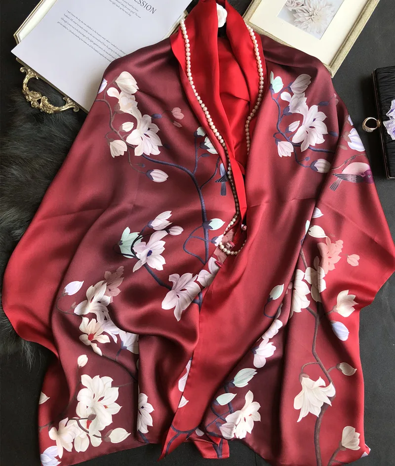 Цветок магнолии Пряжка высококачественный Шелковый женский шарф весна и осень дикий длинный шелковый платок Ханчжоу двойного назначения