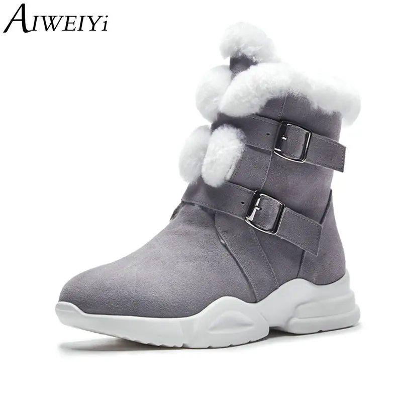 

AIWEIYi Fur Warm Ankle Boots for Women Black Grey Buckle Design Autumn Winter Shoes Suede Leather Plush Warm Winter Boots