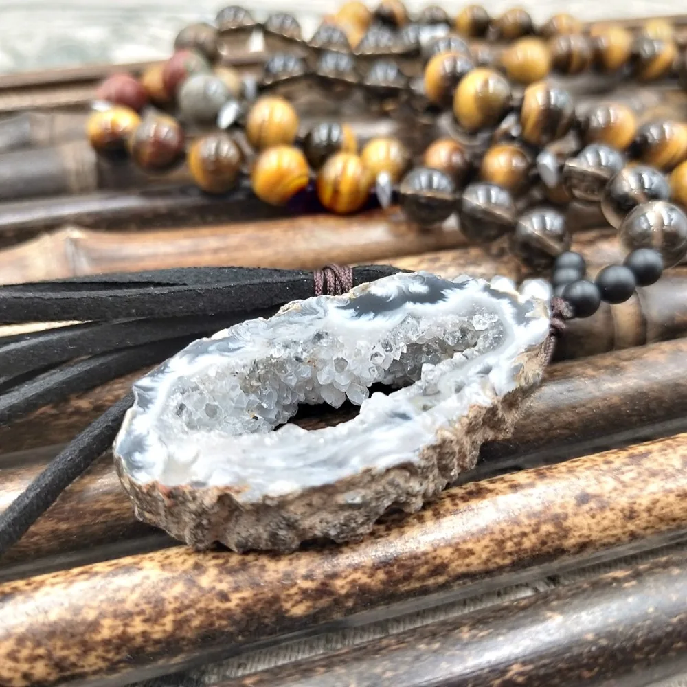 Lii Ji Natural Tiger's Eye Smoky Quartz Picasso Jasper Druzy Pendant Leather Bohemia Long Necklace Drop Shipping Lii Ji Natural Tiger's Eye Smoky Quartz Picasso Jasper Druzy Pendant Leather Bohemia Long Necklace Drop Shipping