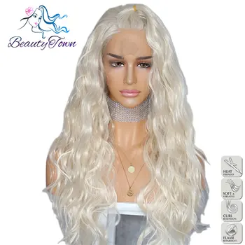 

BeautyTown Light Blonde Natural Curly Wave Heat Resistant Hair Women Makeup Wedding Party Gift Synthetic Lace Front Daily Wigs