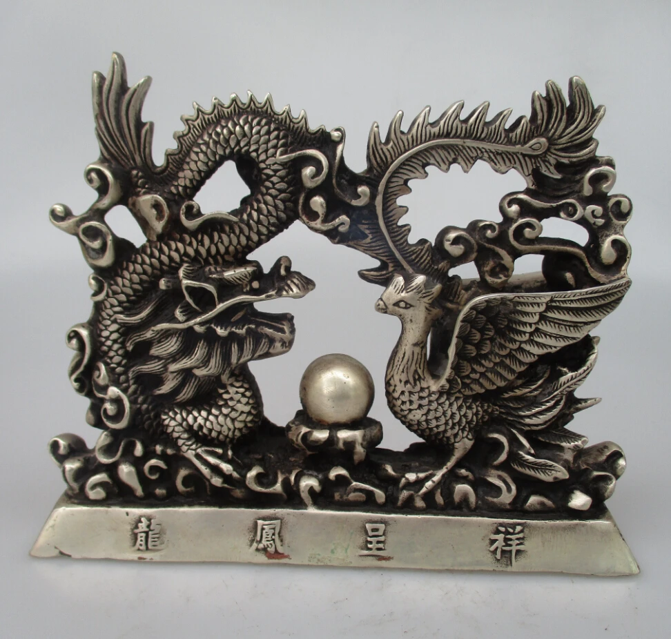 Antique-antiques-Collectible-Decorated-Old-Handwork-Tibet-Silver-Carved-Dragon-and-Phoenix-Statue-Animals-Sculpture-Christmas