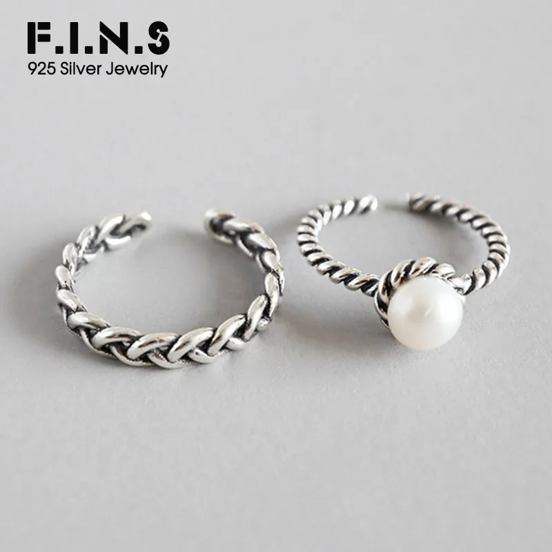 

F.I.N.S Vintage Twist 925 Sterling Silver Rings with Pearl Stackable Opening Finger Freshwater Pearl Ring Female Costume Jewelry