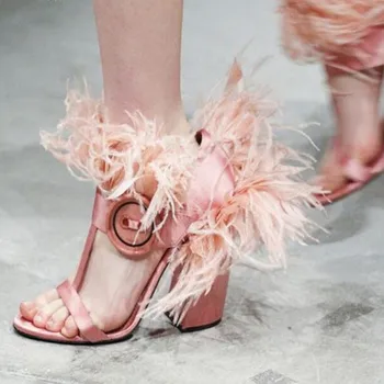 

Pink Satin Women Gladiator Sandals Furry 10cm Square High Heels Bttton Decor Summer Ladies Shoes 2019 New Formal Dress