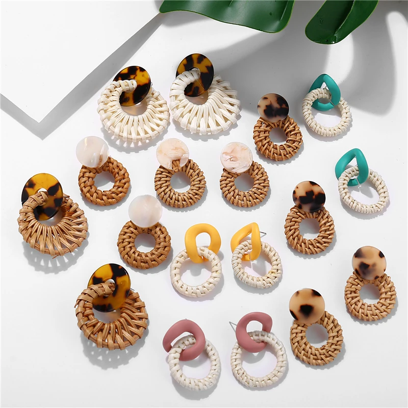 

2019 New Fashion Round Straw Rattan Earrings For Women Vintage Leopard Circle Korean Summer Rattan Drop Earrings Female Jewelry