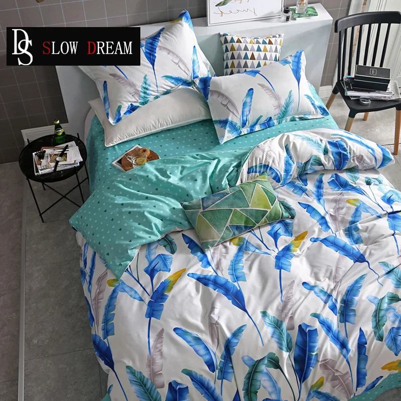 

SLOWDREAM Bedding Set Nordic Comforter Blue Feather Double Flat Sheets Euro Bedspread Duvet Cover Adult Queen King Bed Linen Set