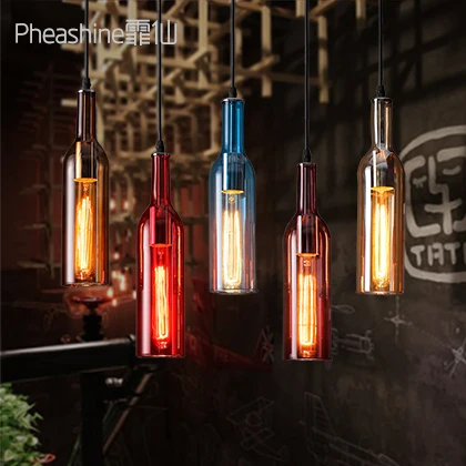 Loft Vintage Wine Bottle Glass Edison Pendant Lights Retro Industrial Pendant Hanging Lamps Shades for Cafe