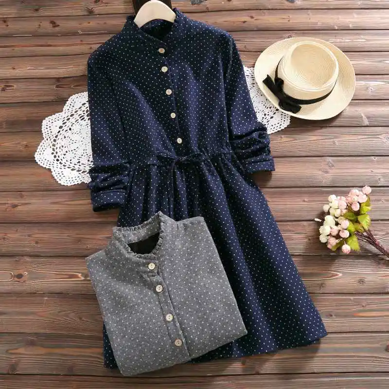 

Mferlier Women Dress Ruffled Collar Long Sleeve Drawstring Waist Female Dot Print Velvet Thicken Autumn Winter Shirt Dress