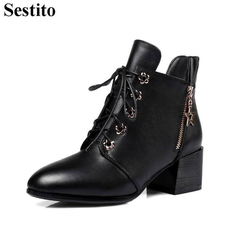 

European Black Casual Warm Winter Boots Woman Pointed Toe Ankle Boots For Women Cross-tied 5 cm Hoof Heels Boots Women Shoes