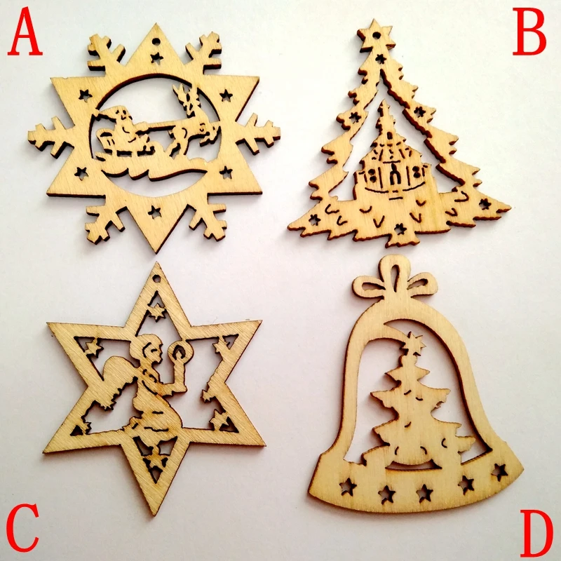 

200pcs/set (4Designs,50pcs/set) About 50mm Plain Natural Wood Christmas Ornaments lovely Reindeer, Tree, Snow Flakes,clock 1233