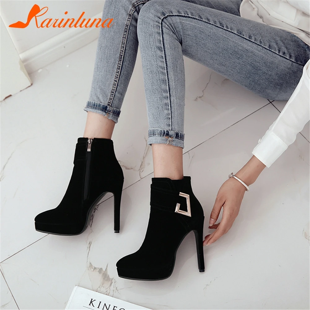 

KARINLUNA New Thin High Heels Metal Decoration Zip Platform Shoes Woman Casual Party Winter Spring Ankle Boots Big Size 33-43