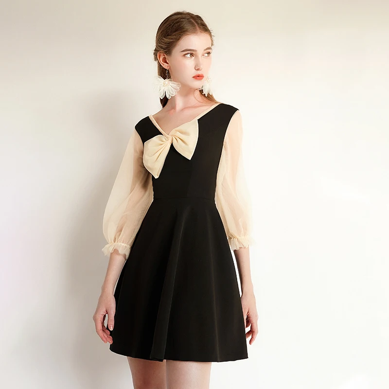 SSYfashion v образный вырез бант молния сзади 3/4 рукава выше колена мини чёрное