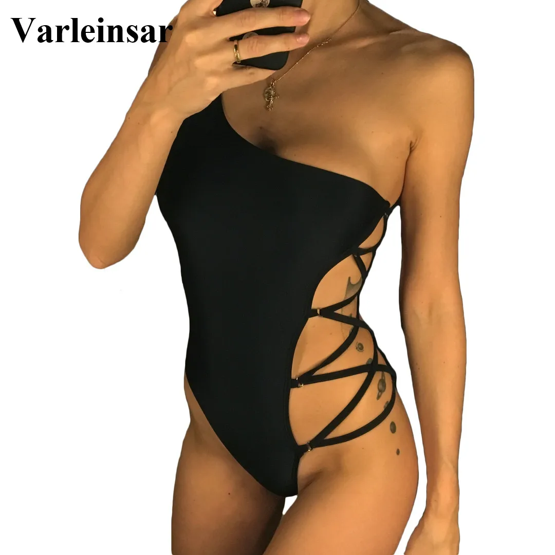 Женский купальник на одно плечо черный синий шнуровке монокини V561 2020|swimwear
