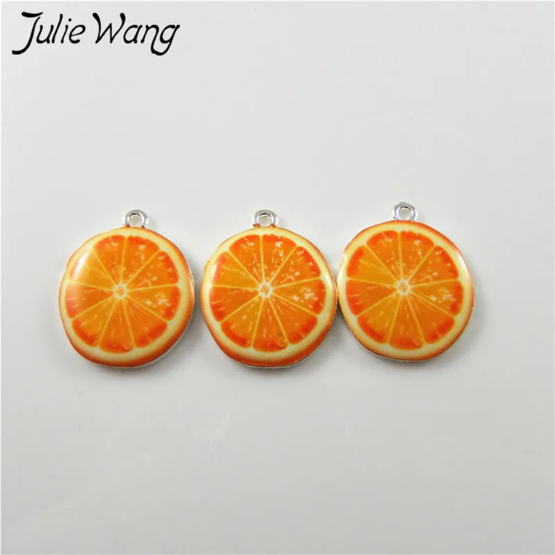 Julie Wang 10pcs Green Apple Kiwi Orange Strawberry Cute Fruit Shape Enamel Alloy Little Charms Women Jewelry Findings Hot Sale