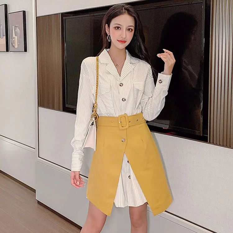 

[EWQ]Korean Trend Clothing Long-sleeved Loose Striped Shirt+high Waist Split Bag Hip Skirt Two-piece Suit 2019 Autumn New QK263
