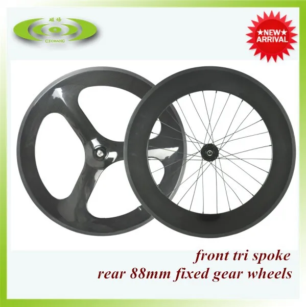Flash Deal Free shipping 700c road bicycle front 3 spoke track wheel 88mm fixed gear rear carbon wheels carbon wheelset 0