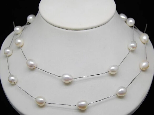 

Miss charm Jew.668 Fine 8-9mm AAA+ white Oval pearl necklaces chain 36"Long (A0511)