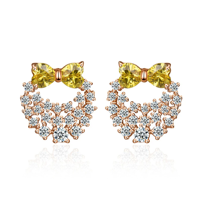 

Fashion Rose Gold Color Plated Yellow Bowknot Cubic Zircon Stud Earrings for Women Korean Cute Pink Bow Earings Brincos Jewelry